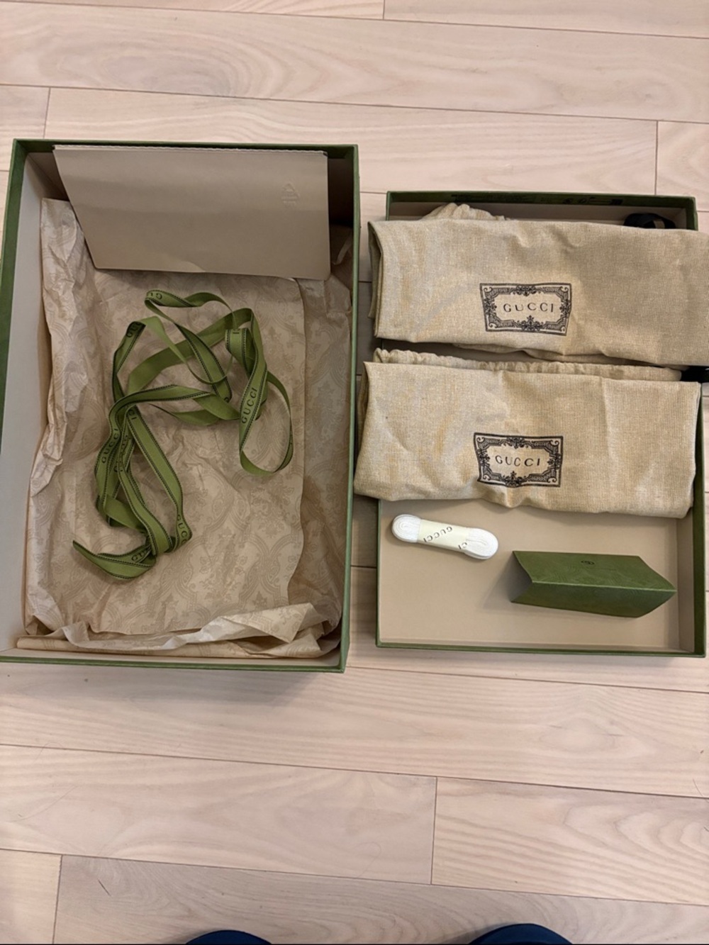 Gucci Beige Canvas Drawstring Pouch with Logo, empty box and lace